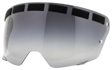 Grey tinted helmet visor shield with black hook and loop strips on top edge isolated with transparent background
