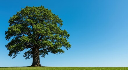 Fototapeta premium A massive, ancient oak tree stands tall against a vibrant, perfectly clear blue sky, illustrating enduring strength and natural beauty, scenic, scenic, massive