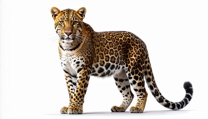 Obraz premium A full-length leopard (Panthera pardus) standing and looking forward, showing its beautiful spotted coat. This majestic big cat is isolated on a clean white background, perfect for wildlife projects.