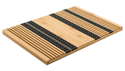 Wooden acoustic slat wall panel with black sound absorbing backing isolated with transparent background