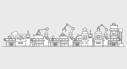 Automated factory production line with robotic arms and conveyor belts in a modern industrial setting, line art illustration.