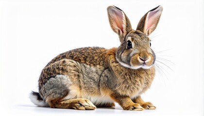 Naklejka premium A beautiful brown wild rabbit with long ears and a fluffy white tail sits calmly, looking forward. This adorable mammal is captured in a full-body studio portrait isolated on a white background.