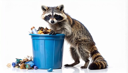 A curious raccoon (Procyon lotor) rummaging through a blue trash can full of garbage, looking for food. The urban wildlife animal is isolated on a clean white background, highlighting environmental.