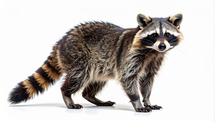Obraz premium Full body shot of a common raccoon, Procyon lotor, standing and looking at the camera. This wild mammal with its characteristic masked face and ringed tail is isolated on a white background.