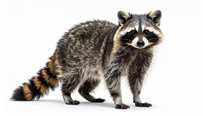 Obraz premium Realistic portrait of a North American raccoon, Procyon lotor, standing and looking at the camera. This cute wild animal with its iconic masked face and ringed tail is isolated on a white background.