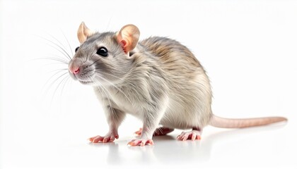A small cute gray and brown rat standing alert on a clean reflective surface. Detailed studio shot of a common rodent or house mouse with long whiskers and tail isolated on a white background.