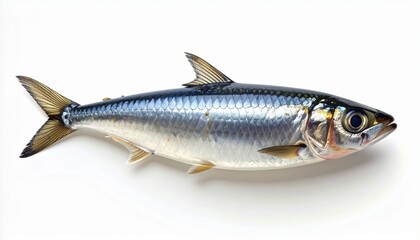 Obraz premium Single fresh whole sardine fish with shiny scales and fins, a key ingredient in healthy Mediterranean cuisine, rich in omega-3, isolated on a clean white background for easy editing.