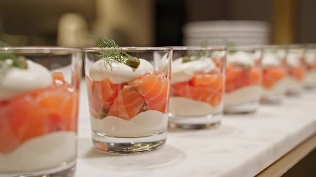 Gourmet Delight: Exquisite smoked salmon parfaits arranged with precision, showcasing layers of creamy elegance in delicate glassware, promising a culinary experience.