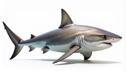 Fototapeta premium Highly detailed 3D illustration of a large predatory shark. Realistic marine animal with sharp teeth and fins, shown in a side view profile isolated on a clean white background with copy space.