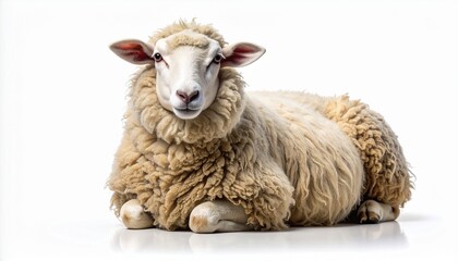 Naklejka premium A detailed portrait of a fluffy domestic sheep lying down and looking at the camera. This farm animal with a thick wool coat is isolated on a clean, bright white background with reflection.