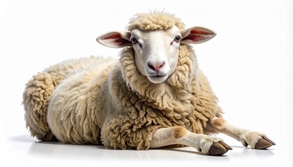 Fototapeta premium A fluffy white sheep with a thick woolly coat lying down and looking directly at the camera in a serene pose, full body shot of the farm animal isolated on a clean white background for studio portrait