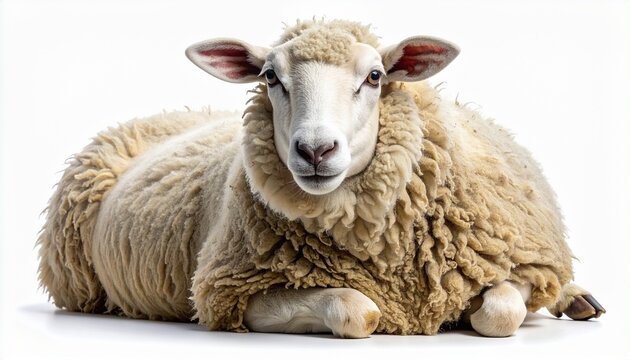 A calm domestic sheep with thick, fluffy wool lying down and looking directly at the camera. This farm animal portrait is isolated on a clean, bright white background, ideal for agricultural concepts.