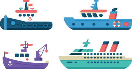 Fototapeta premium Colorful Cartoon Ships and Boats – Nautical Transport Collection