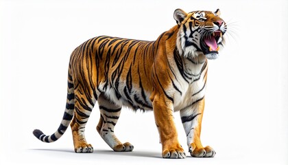 Fototapeta premium Full-length portrait of a majestic Bengal tiger standing and roaring fiercely with its mouth open, showcasing sharp fangs and powerful presence, isolated on a clean white background.