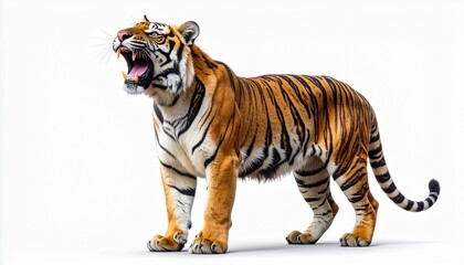 Fototapeta premium Majestic Bengal tiger standing and roaring aggressively, showing its sharp teeth and powerful jaws. Full body portrait of a fierce wild cat predator isolated on a clean white background.