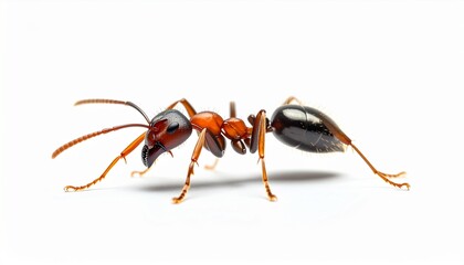Hyper-detailed studio macro shot of a single ant, showing its anatomy with antennae, legs, and mandibles. This insect specimen is isolated on a perfectly clean white background for study.