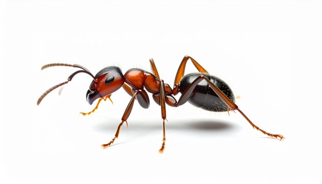 Detailed macro photograph of a single red and black ant standing in profile. This realistic image showcases the insect's intricate anatomy, isolated against a clean plain white background.