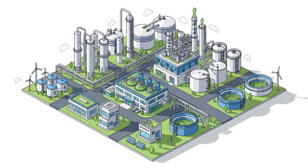 Obraz premium Isometric illustration of a modern, sustainable industrial complex with green roofs, wind turbines, and solar panels.