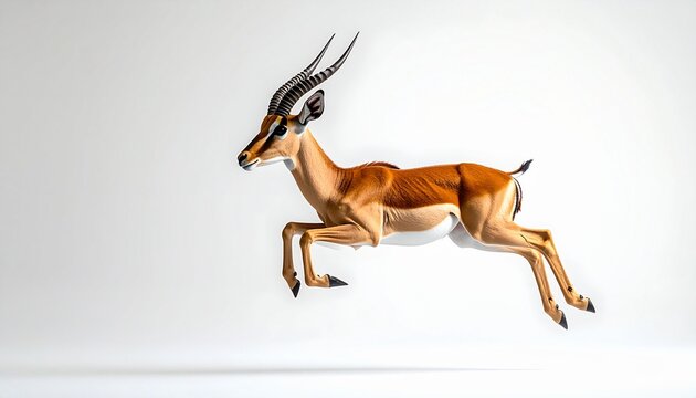 Elegant gazelle with long horns in mid-air, gracefully jumping and running. Side view of an African antelope leaping in motion, isolated on a clean white background. Wildlife and nature concept.