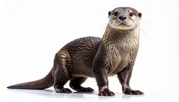 Full-length portrait of a charming river otter (Lutrinae) with wet, brown fur, standing and looking inquisitively at the camera. This aquatic mammal is isolated on a clean white background.