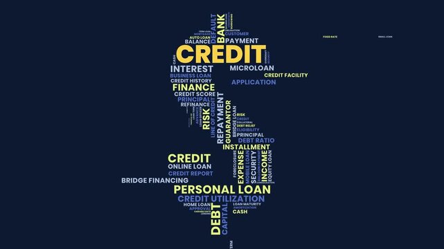Credit word cloud animation dollar sign for finance evaluation and lending analysis. Credit animated word cloud. Credit animation text kinetic typography seamless loop.