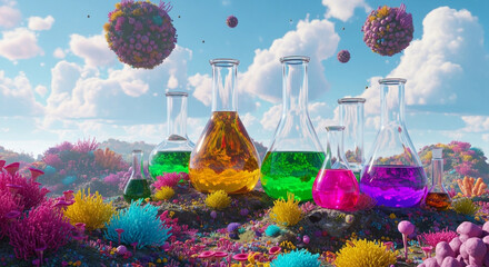 Surreal laboratory scene with colorful liquids in flasks, floating orbs, and fantastical plants, evoking a sense of wonder and scientific exploration