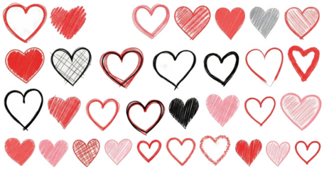 Red Heart png Pink Heart cutout Black Symbol png Gray Doodle cutout Sketched Shape png Handdrawn Drawing cutout Love Icon png Valentine Element cutout Romantic isolated transparent background image