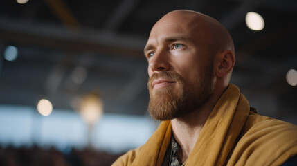 A balding man's head appears in profile during a motivational speaking event, conveying confidence and charisma as he shares his wisdom with an engaged audience. cinematic color correction, natural