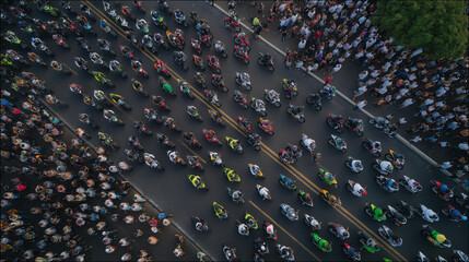 Fototapeta premium An aerial view of a crowded motorcycle rally, with diverse bikes lined up and riders mingling, capturing the vibrant energy of a community united by their love for motors. cinematic color