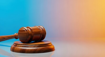 Obraz premium Wooden judge gavel resting on a sound block ready for a verdict or auction decision. Background space for text or graphics, court, justice system, finance