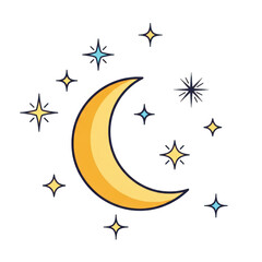 Golden crescent moon surrounded by sparkling stars in the night sky isolated on transparent background