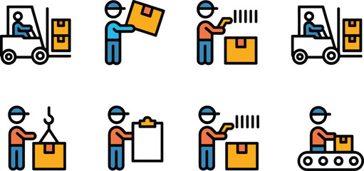 Warehouse logistics and order fulfillment icon set showing forklift, workers packing boxes, barcode scanning, inventory control, and shipping workflow operations