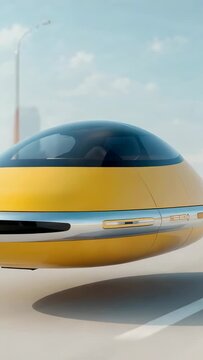 Vertical video: Powering yellow hover craft transiting low over city road, dark dome, two seats