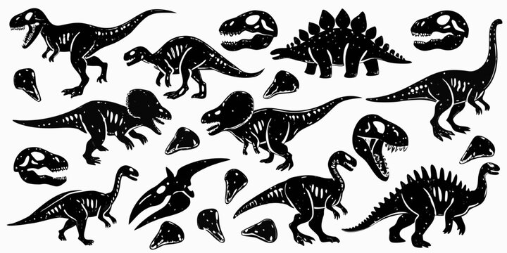 A collection of various dinosaur silhouettes in a black and white style