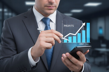 Businessman analyzing rising profits on a digital graph displayed on his smartphone
