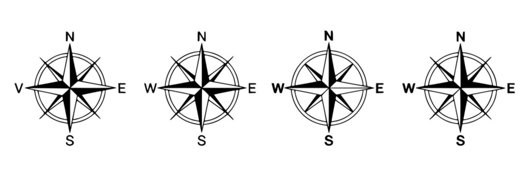 Collection of four black and white simple compass rose icons with cardinal directions N, S, E, W and V for north, east, south, west and value