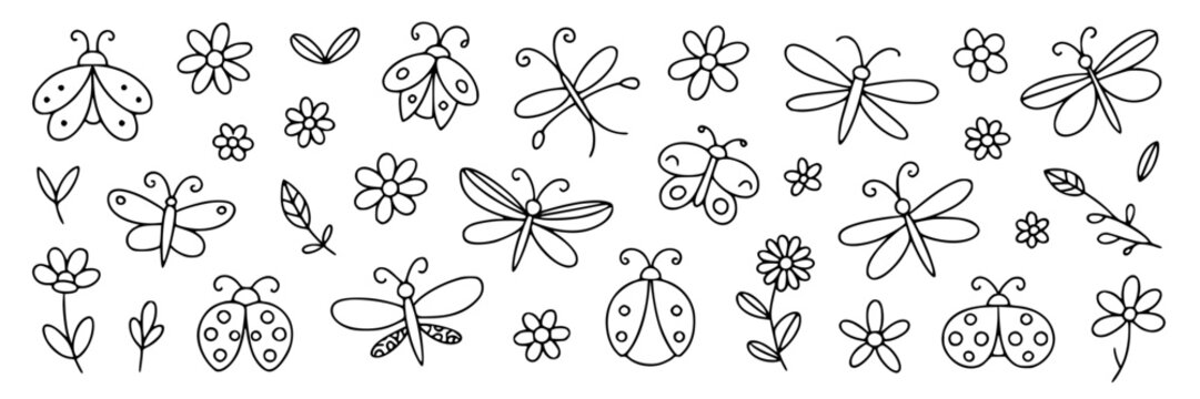 Charming hand-drawn doodle collection of ladybugs, butterflies, dragonflies, and flowers in a whimsical, simple line art style on white.
