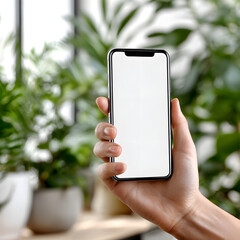 Hand holding a blank smartphone in a room filled with green plants during daylight hours