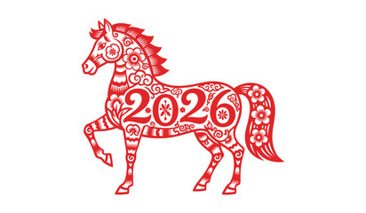 Red horse with intricate floral patterns and 2026 numbers on white background Keywords: 2026, horse, year of the horse, red, floral, pattern, intricate, ornamental, detailed, design, new year