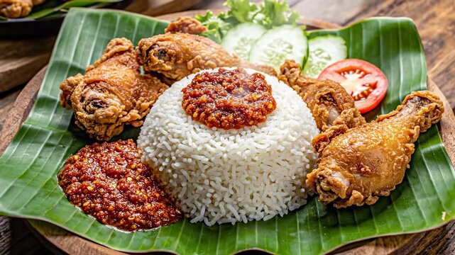 Nasi Lemak Delight: An inviting close-up shot of Nasi Lemak, a Malaysian culinary gem, featuring aromatic coconut rice, crispy fried chicken, spicy sambal, fresh cucumber slices.