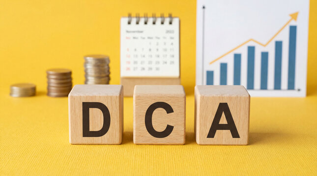 Wooden blocks with DCA letters on yellow background, accompanied by calendar, stacked coins, and rising bar graph, symbolizing financial growth and planning