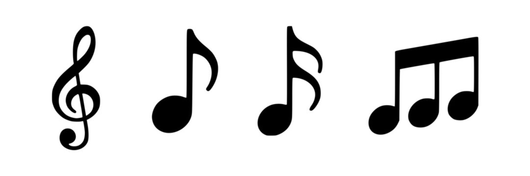 music notes including a treble clef, eighth note, sixteenth notes, and beamed eighth notes on a white background.