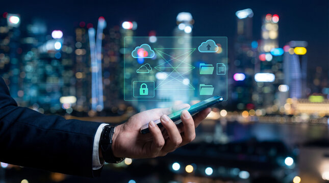 Businessman holds smartphone with holographic icons representing cloud computing, data security, and file sharing against cityscape background - Powered by Adobe