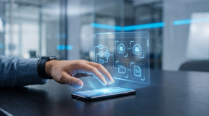 Hand interacts with smartphone displaying futuristic holographic interface, showcasing digital icons and data. scene conveys sense of advanced technology and innovation