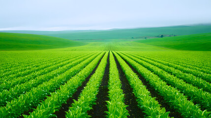 Green fields stretch across the landscape with rows of plants growing beneath a cloudy sky