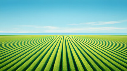 Vast green field with straight rows under a clear blue sky near the water at midday