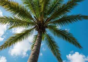 Low angle view capturing the rugged trunk and vibrant green fronds of a palm tree silhouetted against a brilliant blue tropical sky and soft white clouds, coastal, detail, island