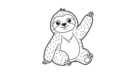 Fototapeta premium Adorable baby sloth is waving a friendly greeting in this charming black and white line-art illustration suitable for coloring pages.
