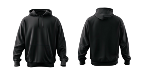 Black hooded sweatshirt front and back view isolated on transparent background