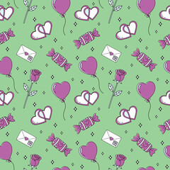 - Seamless pattern with purple hearts, roses, candies, envelopes, diamonds on green background
